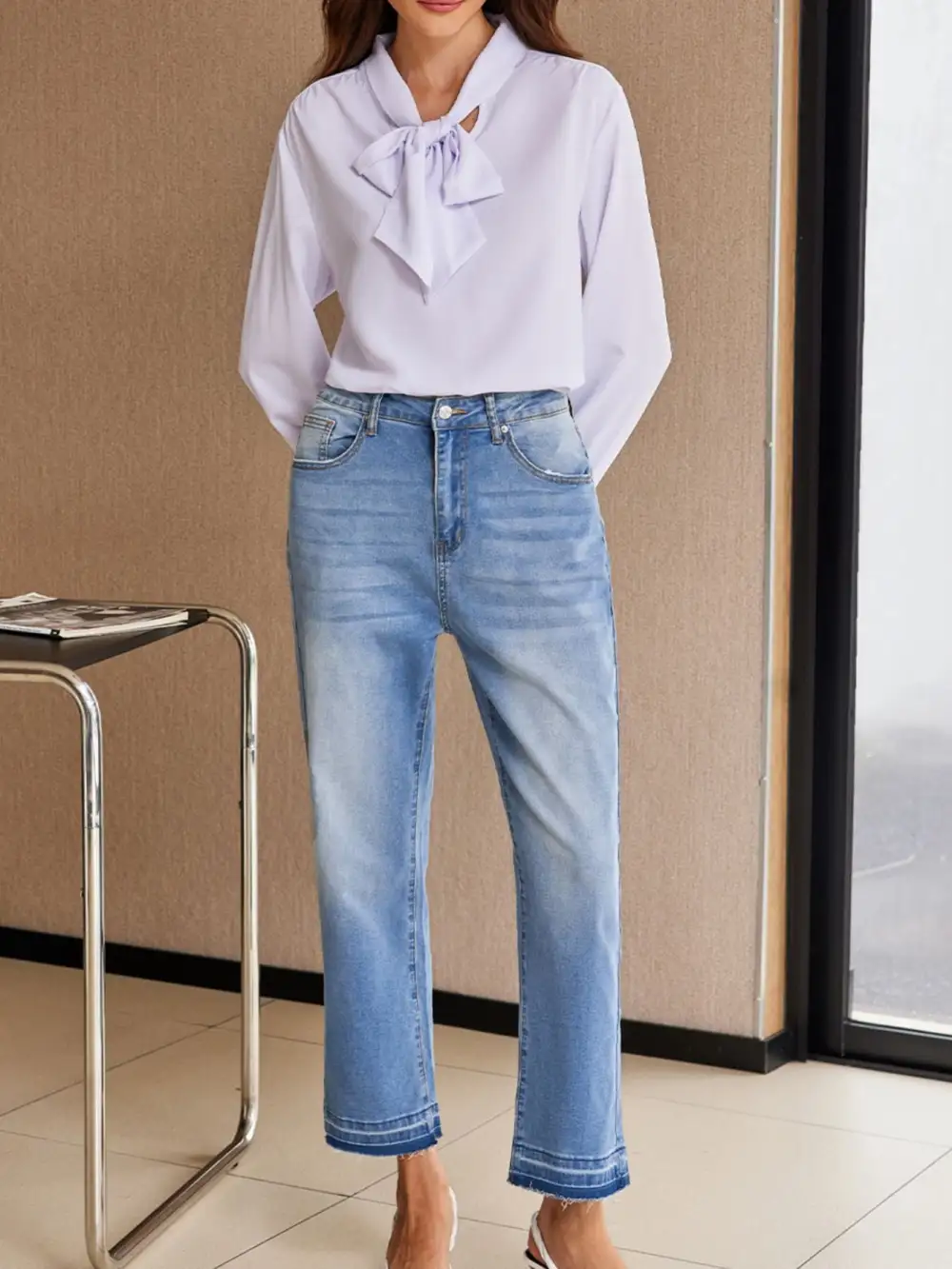 Textured Raw Hem Denim Jeans