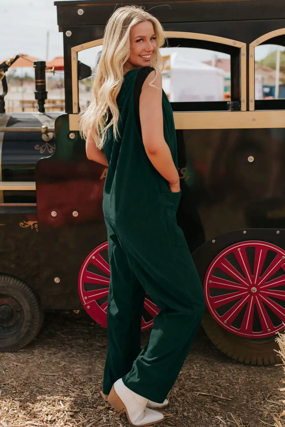 Evergreen Corduroy V Neck Patched Pocket Jumpsuit