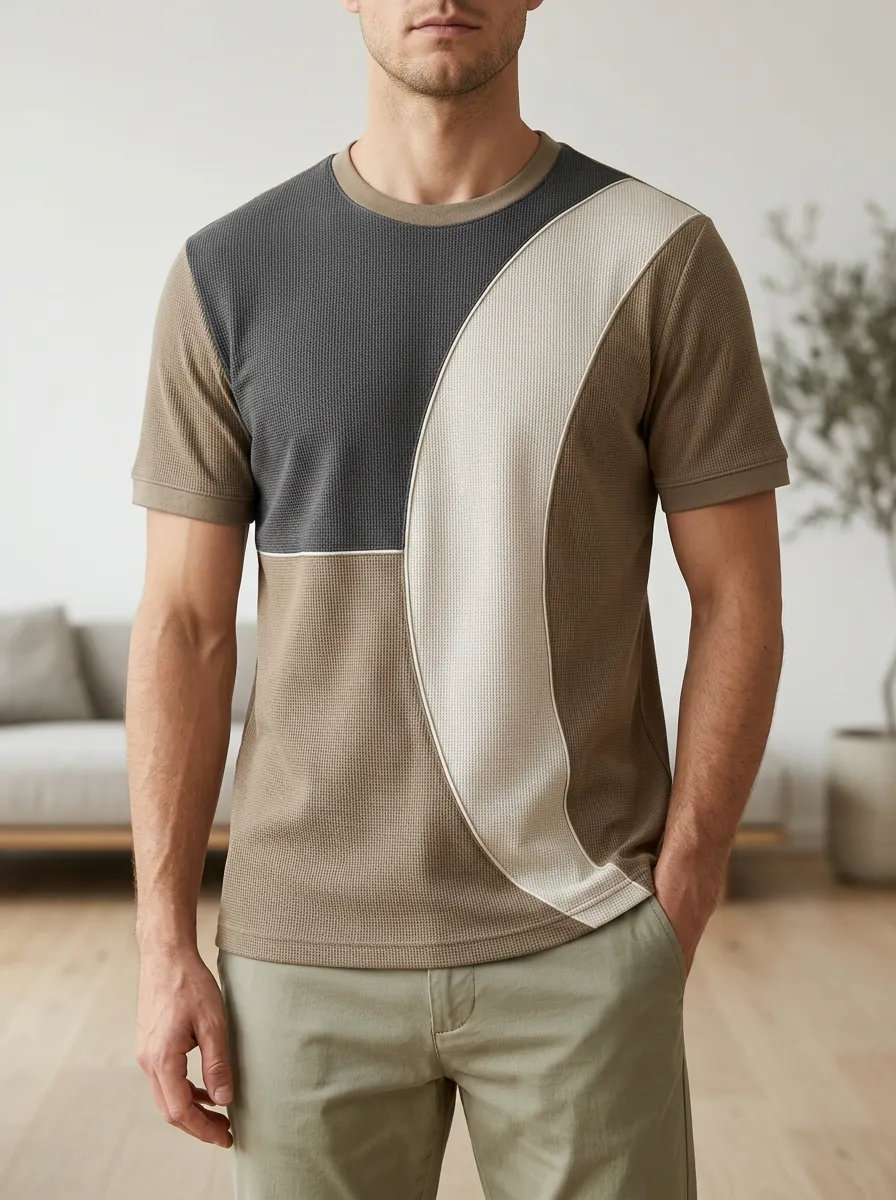 Men's Colorblock Waffle Knit Curved Panel Crew Neck T-Shirt