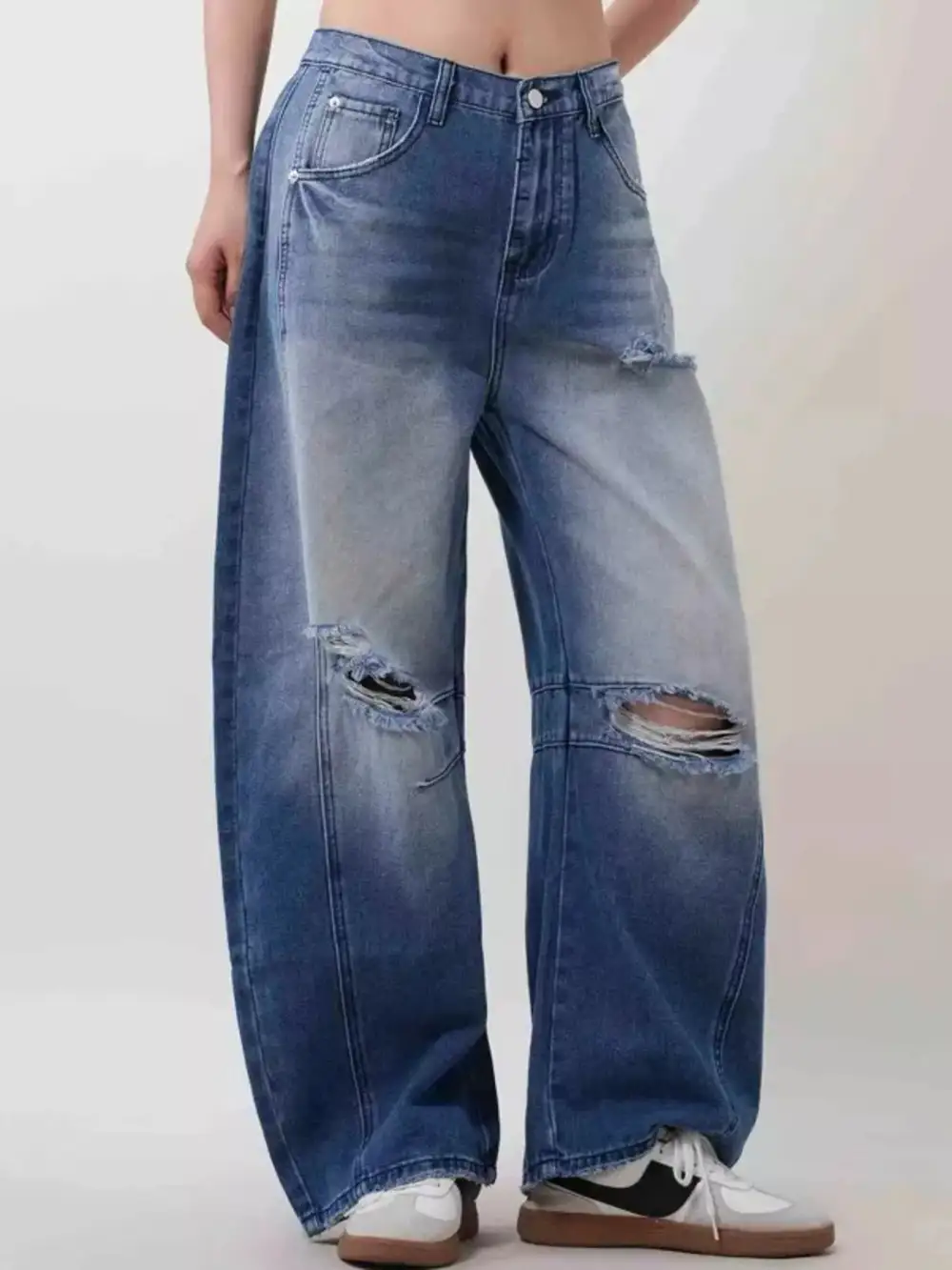 Contoured Wide Leg Distressed Denim Jeans