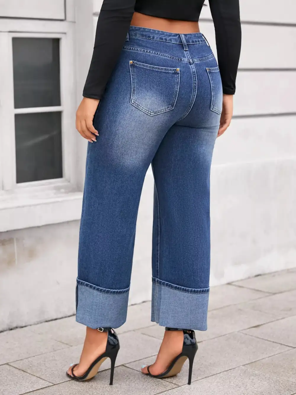Structured High Waist Wide Leg Cuffed Denim Jeans