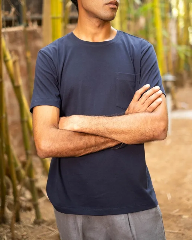 Deep Blue Cotton Pocket Crew Neck T-Shirt