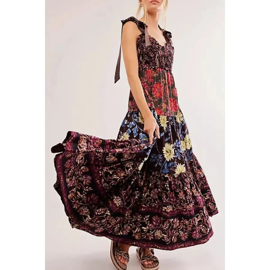 Floral Tiered Maxi Dress with Mixed Print Design