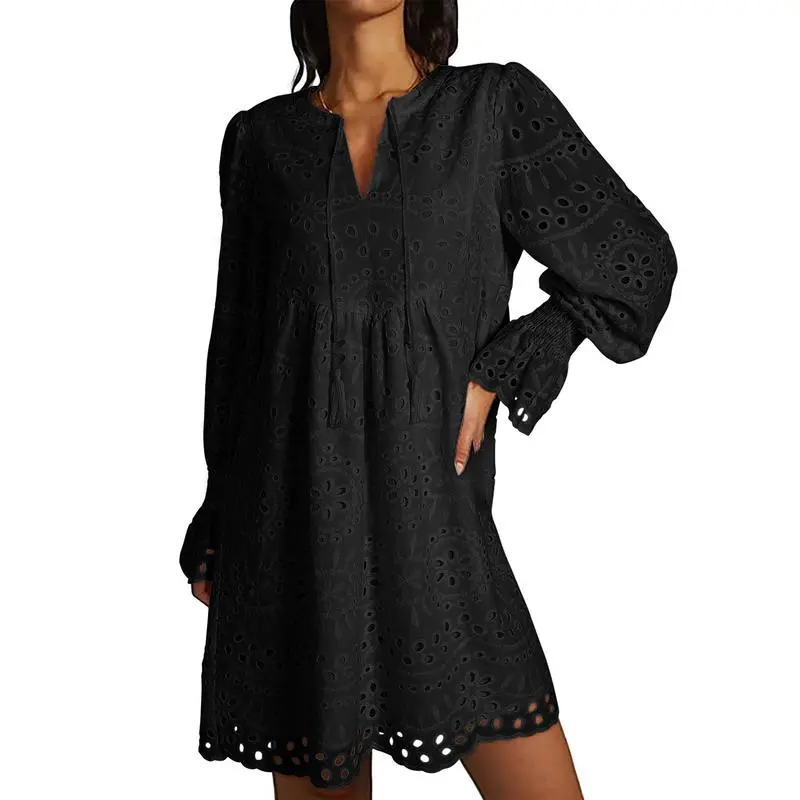 Women's 2025 Casual Dress Tassel V Neck Long Sleeve A Line Hollow Out Lace Ruffle Above Knee Dress, 100% Cotton, Comfortable Fit