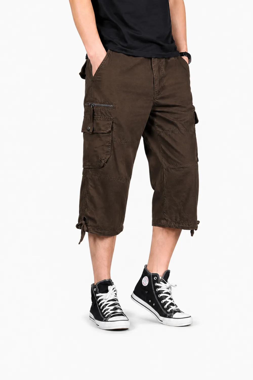 Men's Cropped Cargo Capri Pants with Utility Pockets and Drawstring Hem
