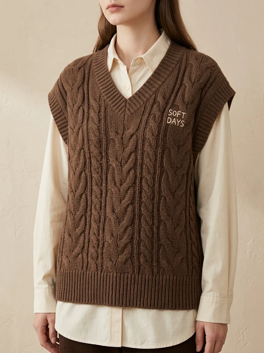Soft Days Letter Cable Sweater Vest