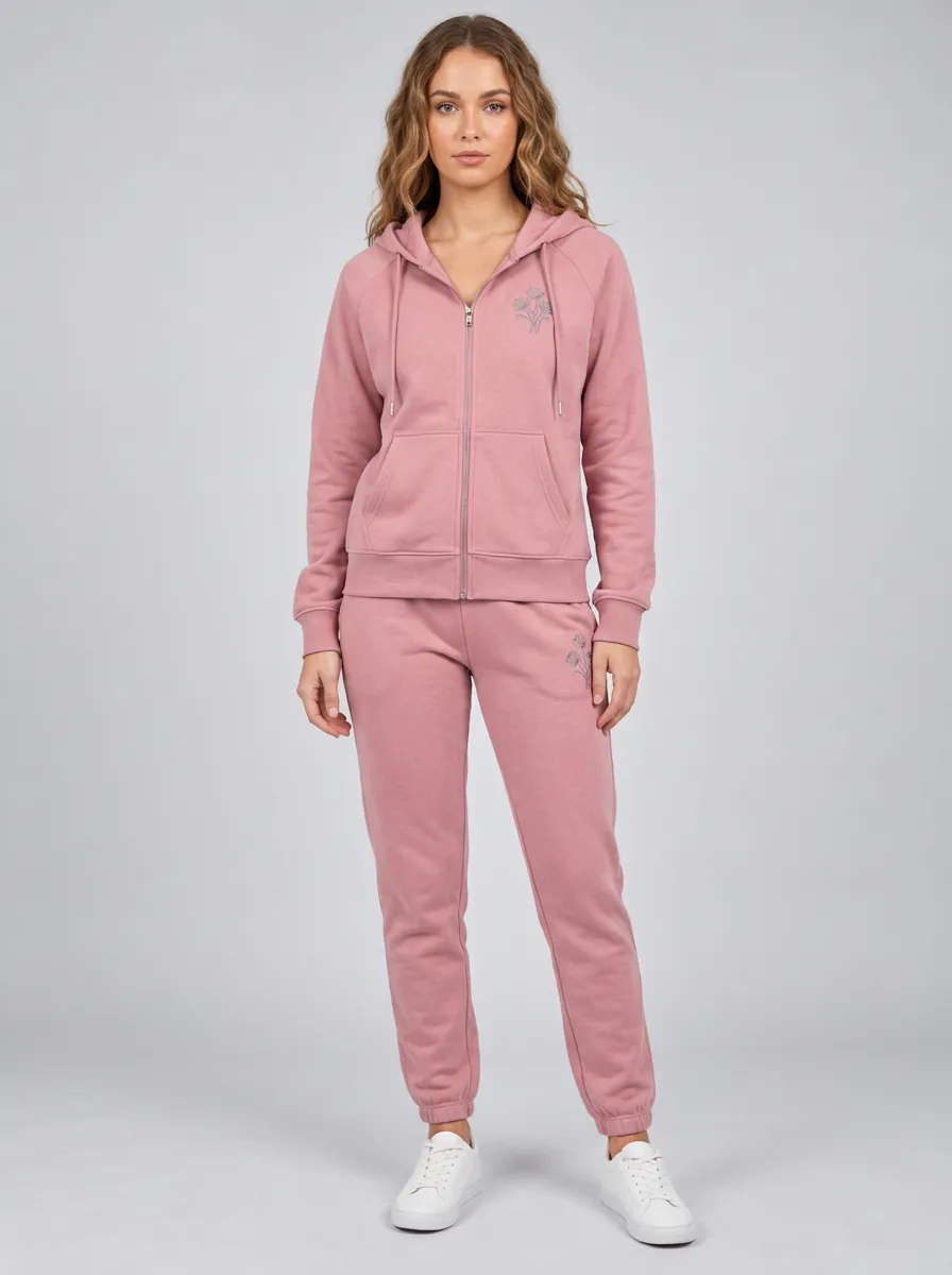 Women's Dusty Rose Drawstring Hood Zip-Up Hoodie Jacket & Jogger Set