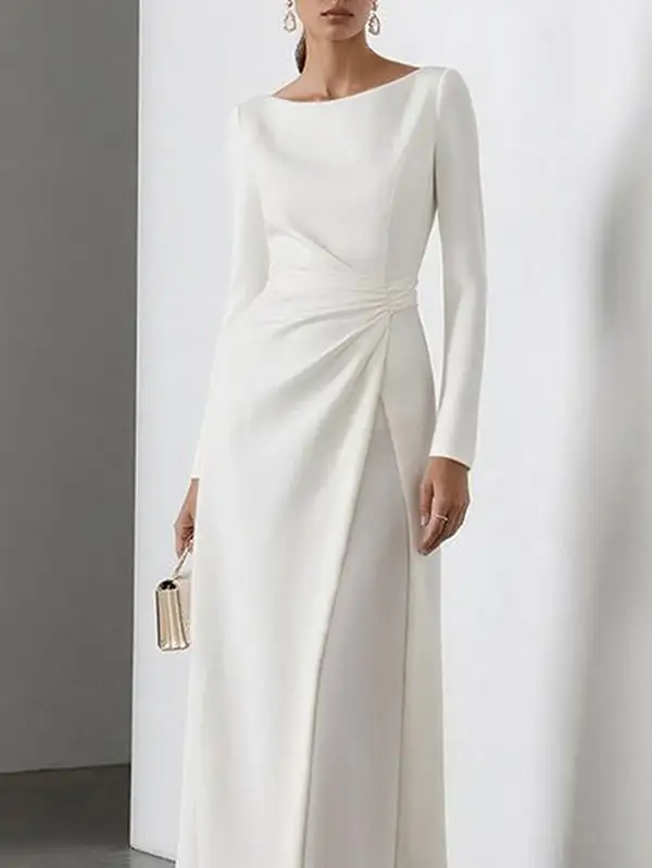 Waisted Pleated Long Neck Maxi Dress