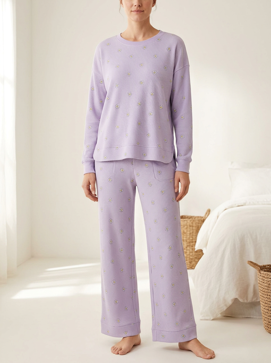Women's Daisy Waffle-Texture Patch-Pocket Wide-Leg Lounge Set
