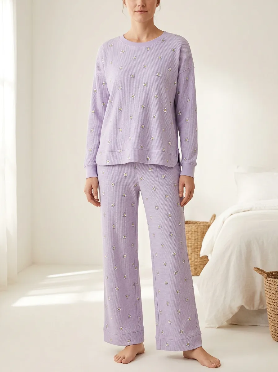 Women's Daisy Waffle-Texture Patch-Pocket Wide-Leg Lounge Set