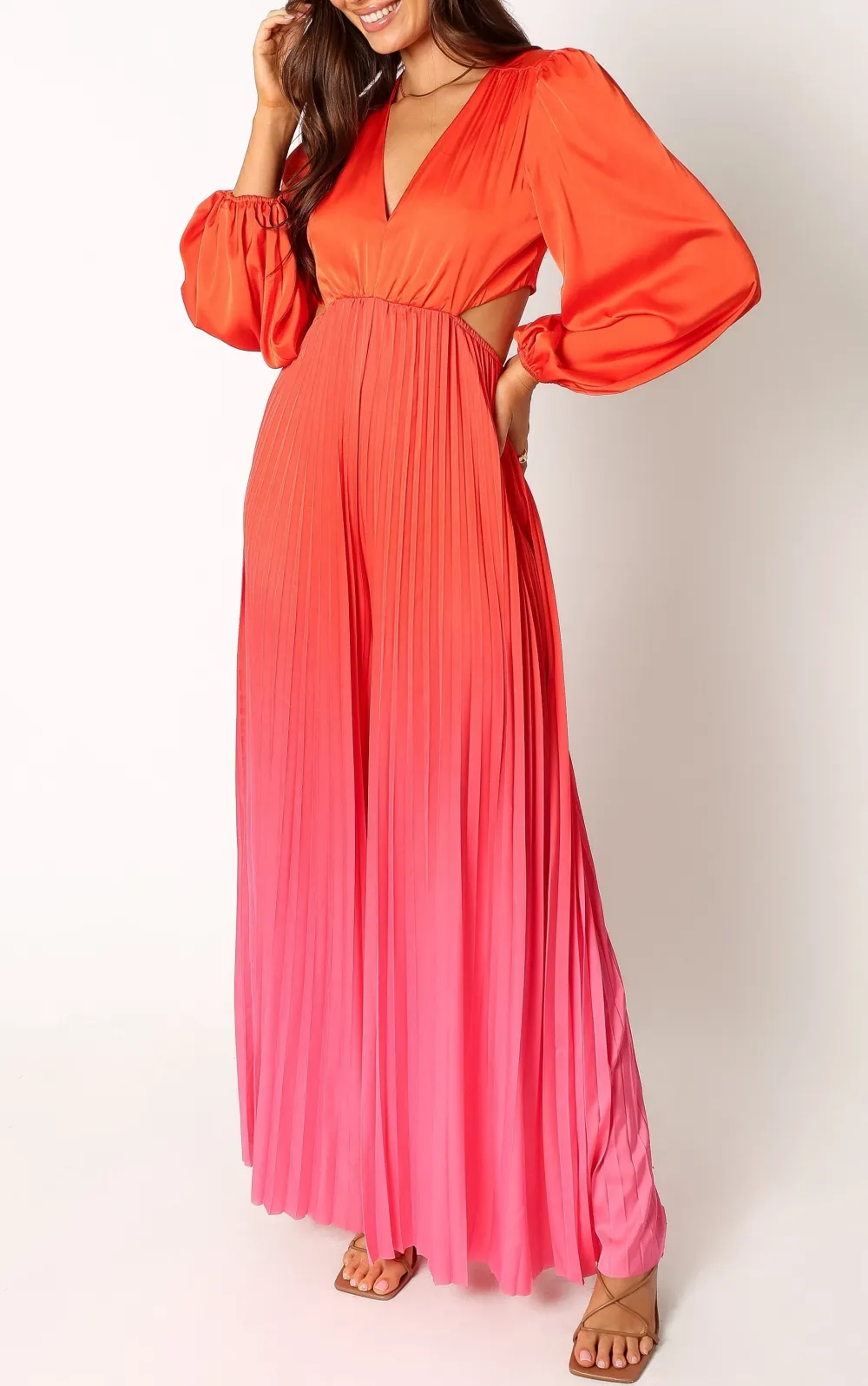 V-Neck Wide-Leg Long-Sleeve Printed Jumpsuit