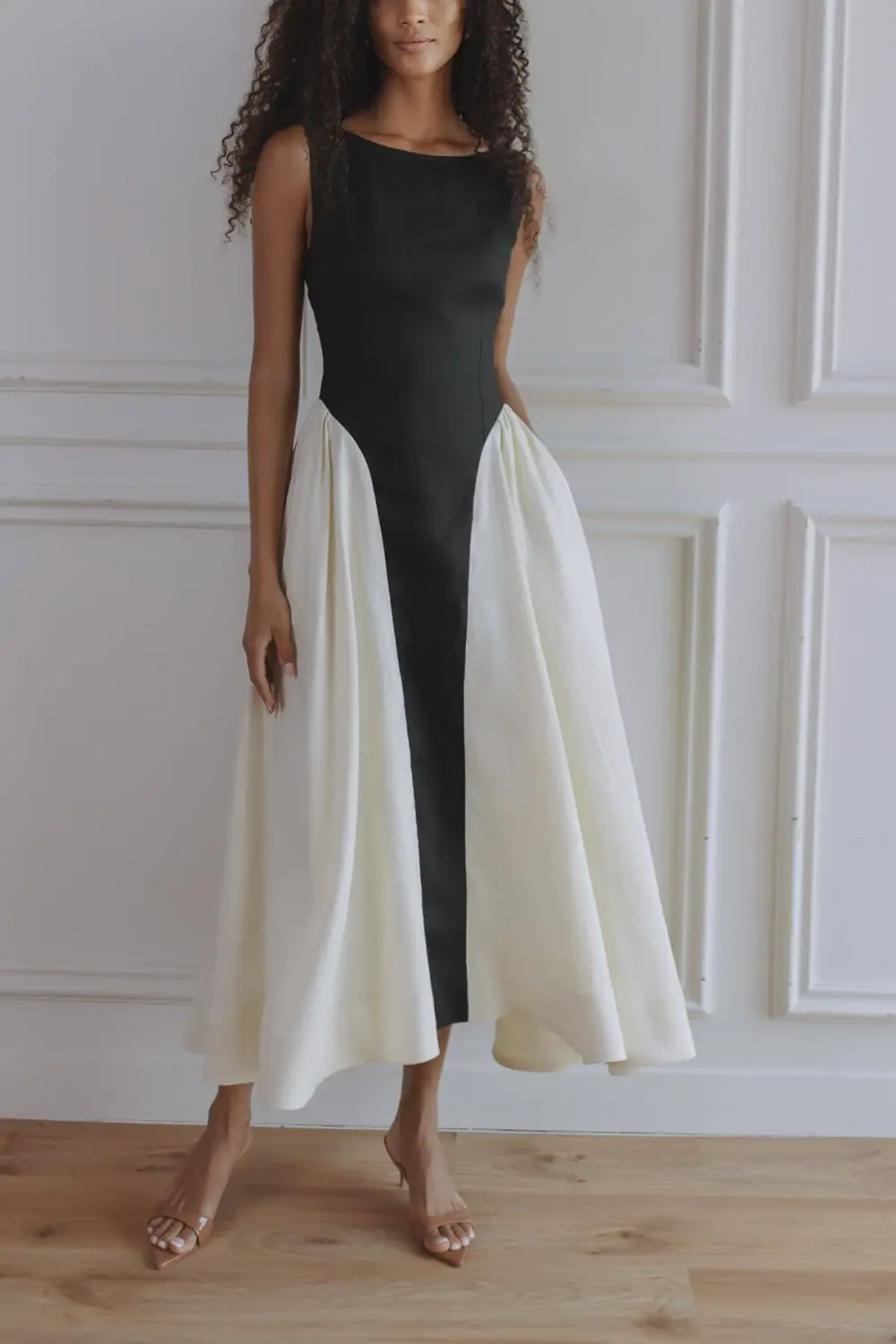 And Paneled Pleated Pocket Flared Midi Dress