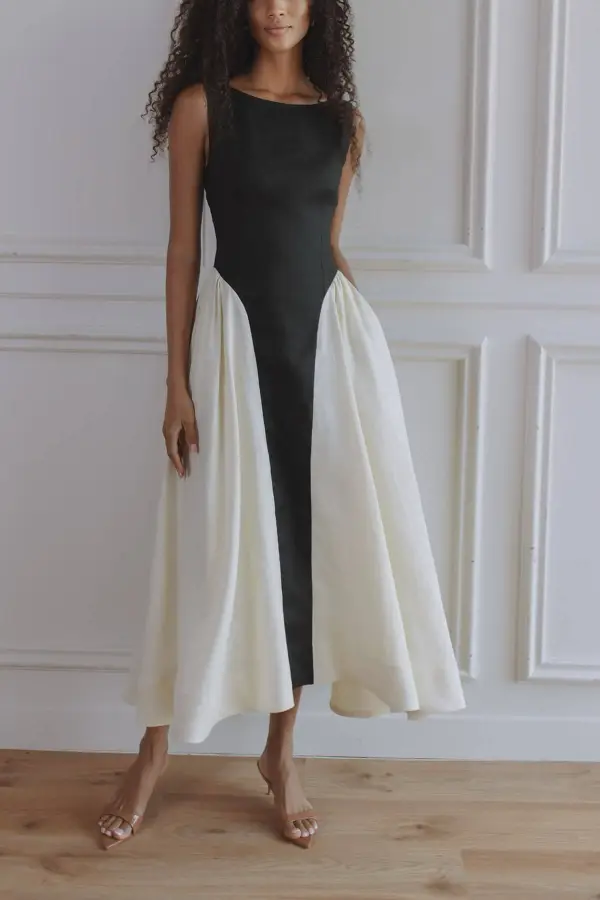 And Paneled Pleated Pocket Flared Midi Dress