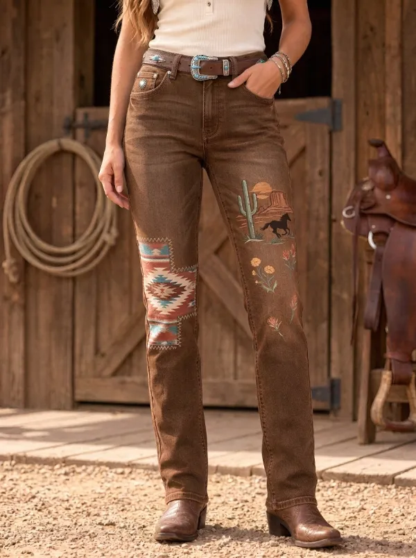 Women's Western Cowboy Horse Cactus Southwestern Jeans