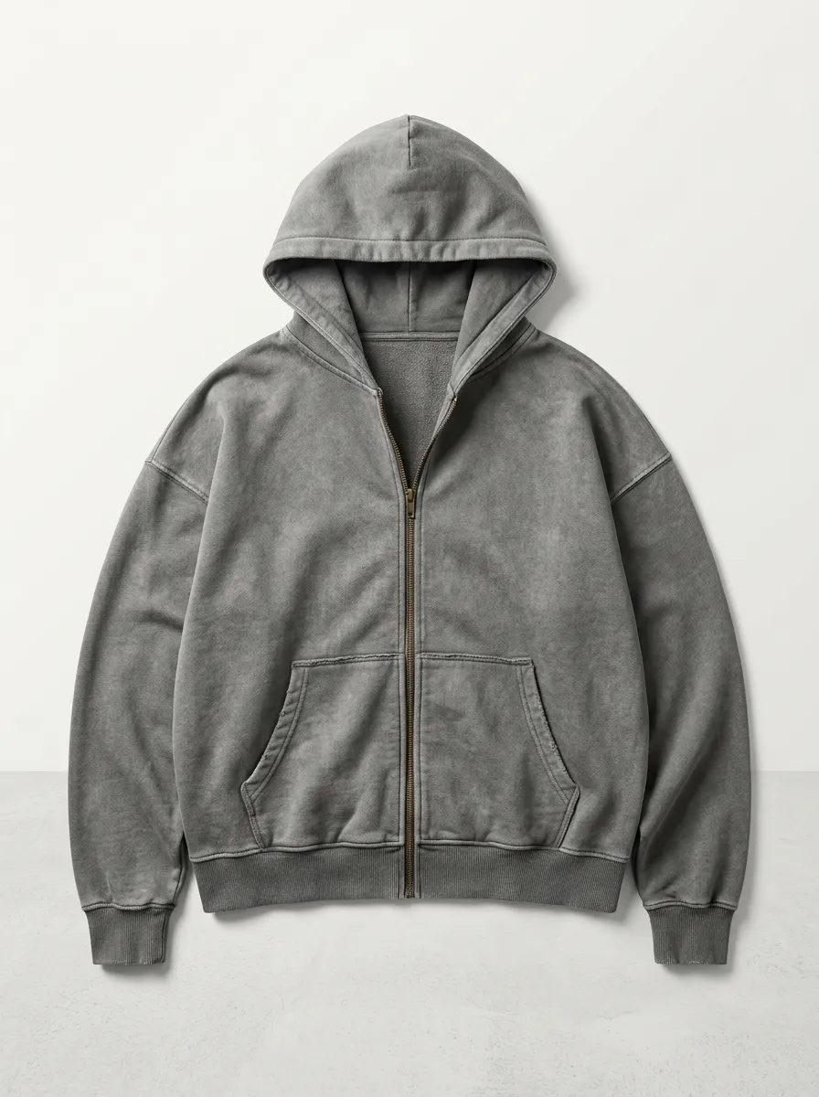 Vintage-Wash Zip-Up Unisex Zip-Up Hooded Jacket