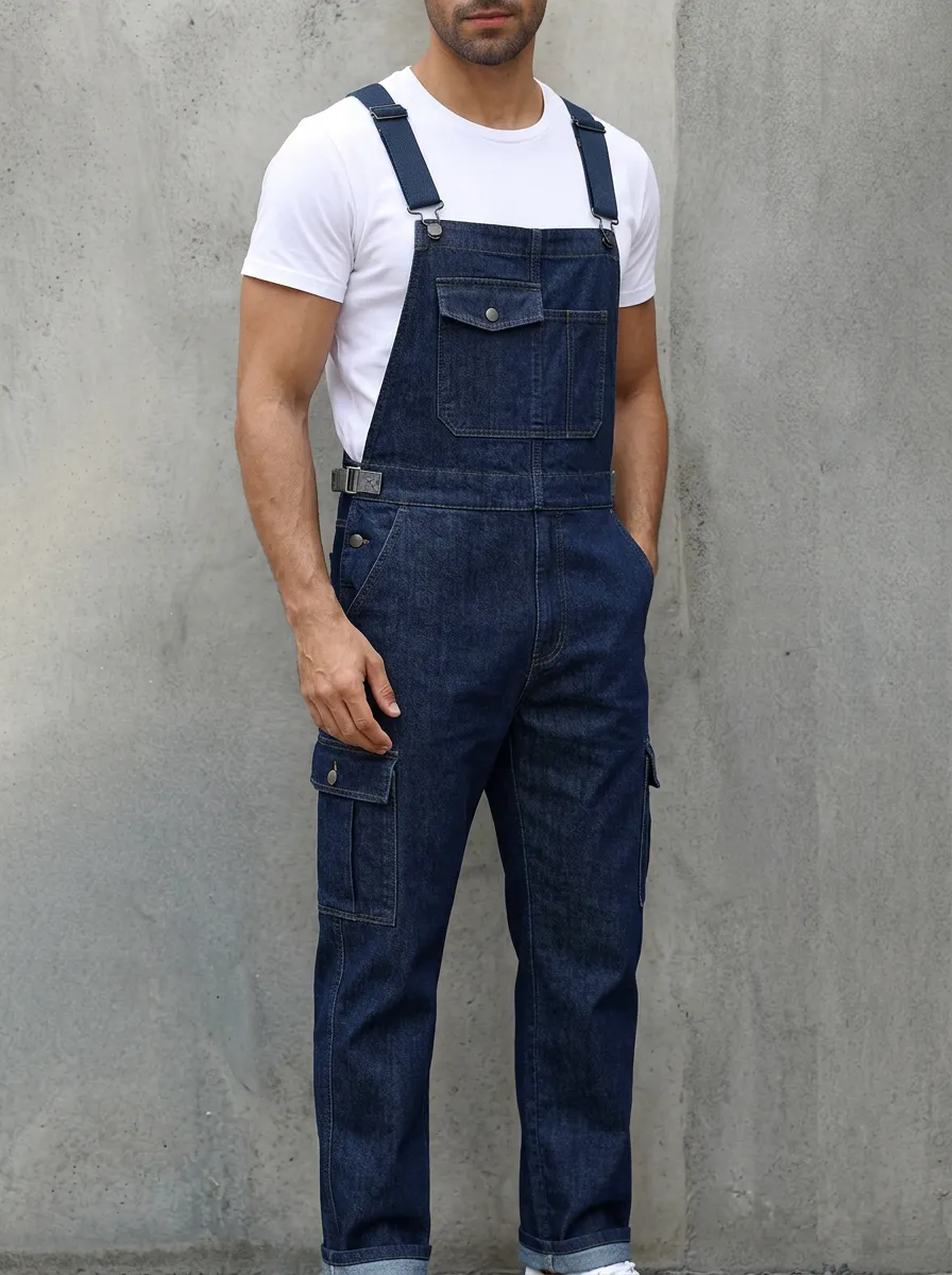 Men's Casual Denim Cargo Multi-Pocket Bib Overalls