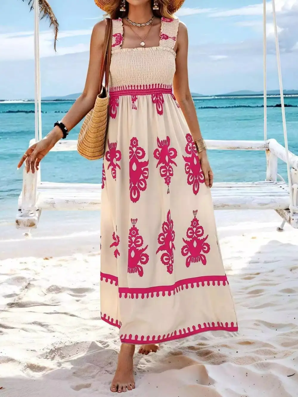 Printed Square Neck Smocked Maxi Dress