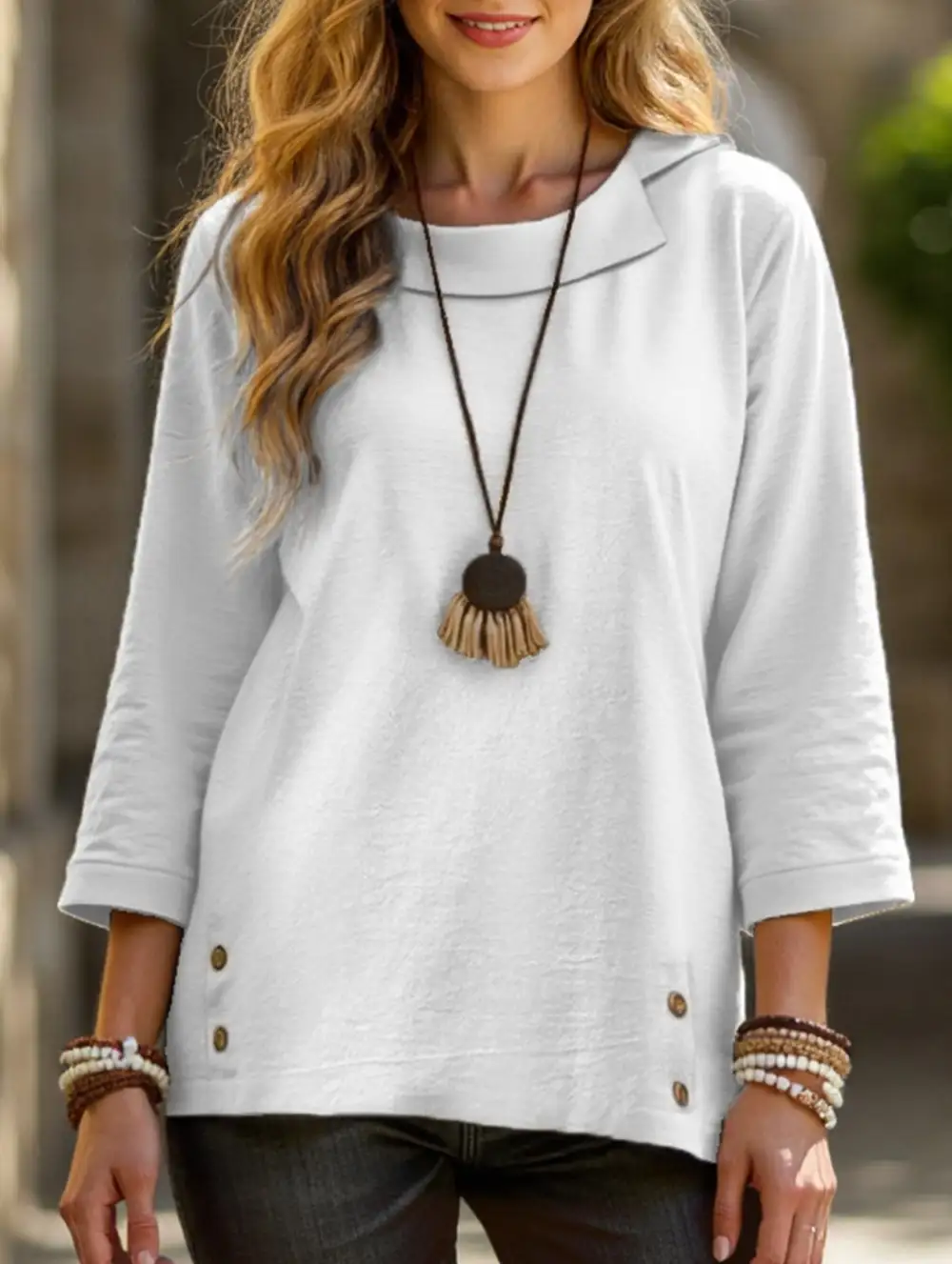 Lapel Three-Quarter Sleeve Tee Top