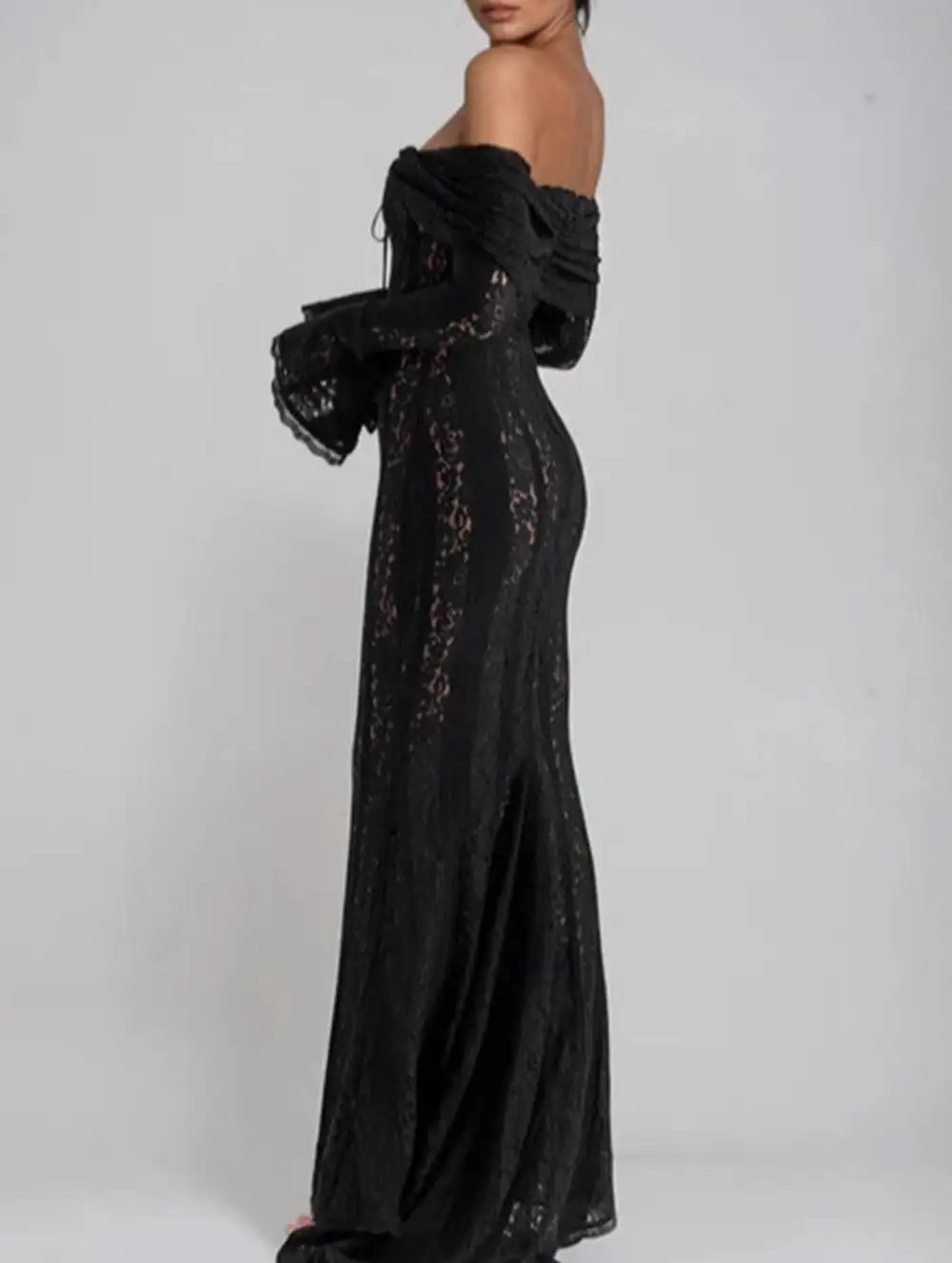 Lace Off Shoulder Bell Sleeve Evening Dress
