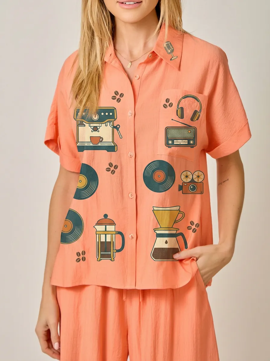 Women's Coffee Music Lover Vinyl Radio Printed Shirt