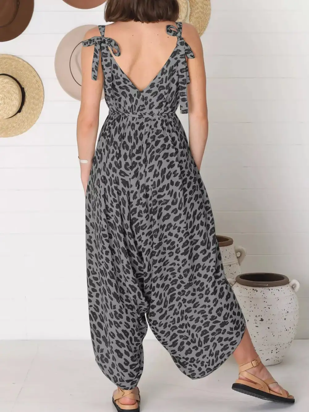 Plus Size Leopard Print V Neck Jumpsuit