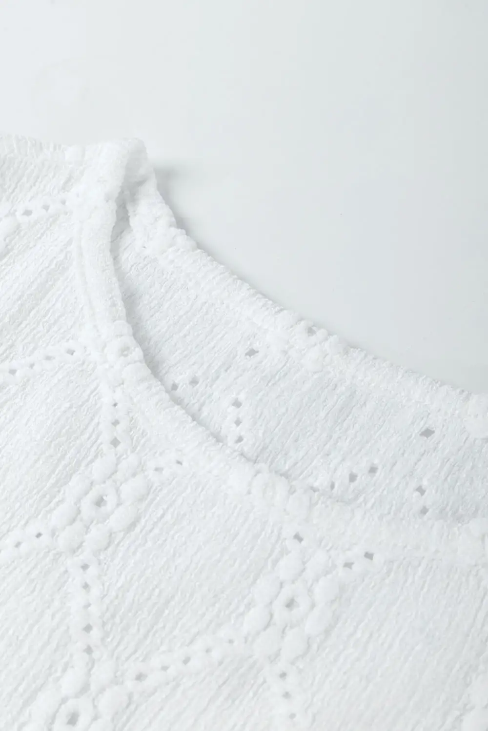 White Flower Geometric Textured Button Short Sleeve Top