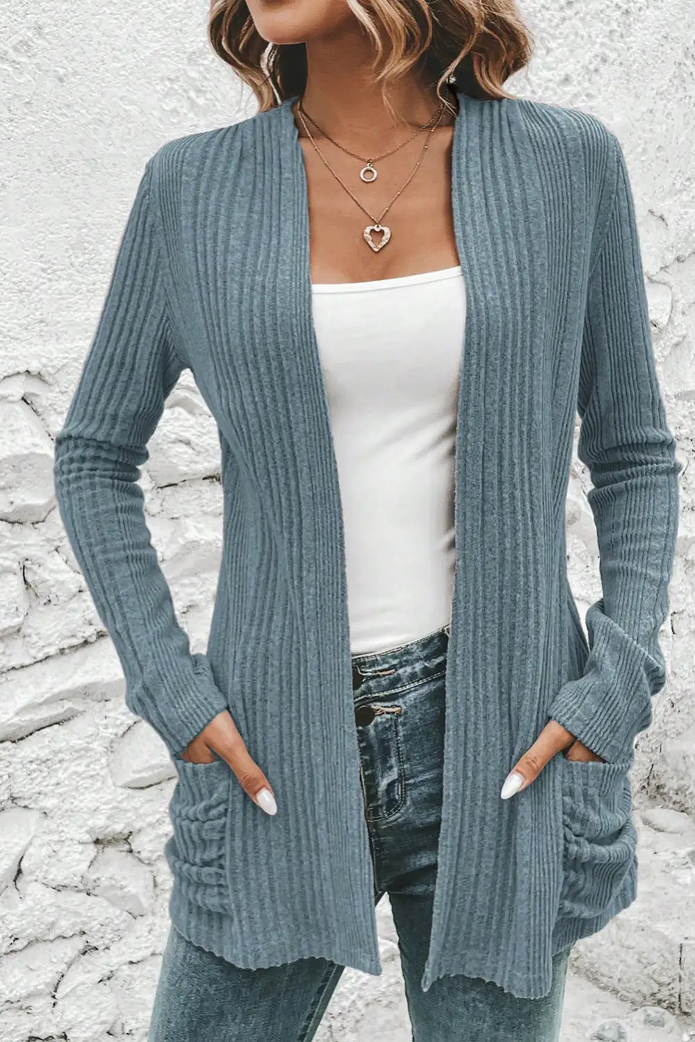 Ribbed Open Front Knit Top Pocketed Knit Cardigan