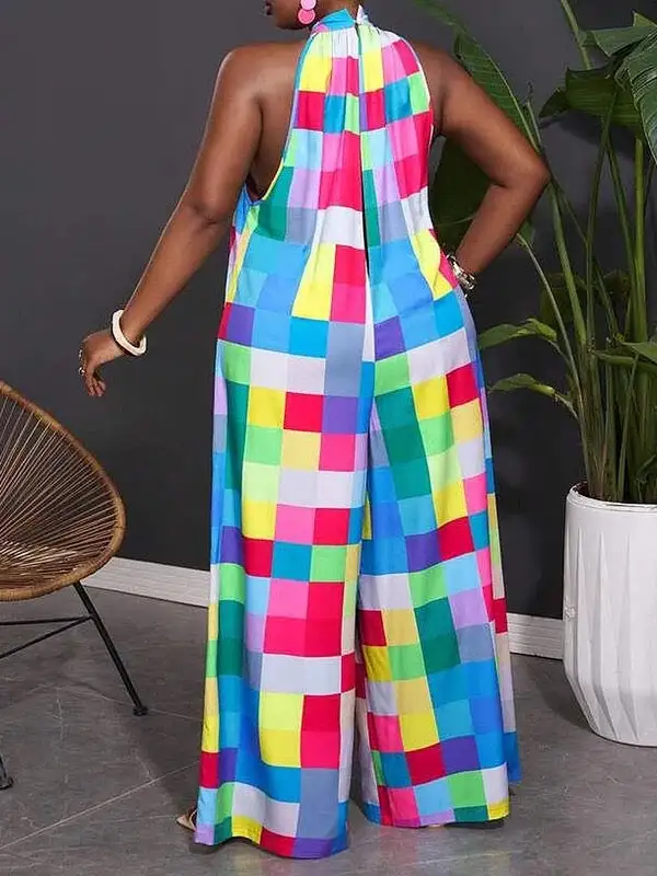 Losse Mouwloze Geruite Geplooide Jumpsuits Met Halternek En