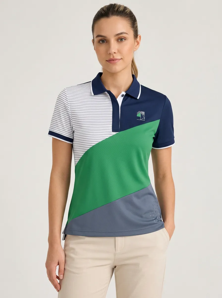 Women's Golf Sportswear Colorblock Striped Printed Polo Shirt
