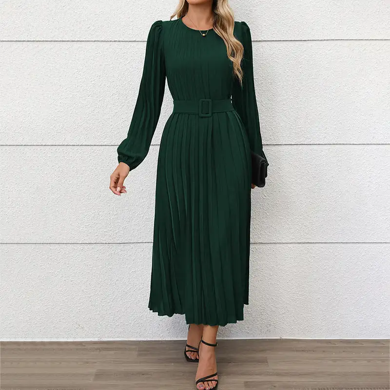 Women's Long-Sleeve Pleated Midi Dress