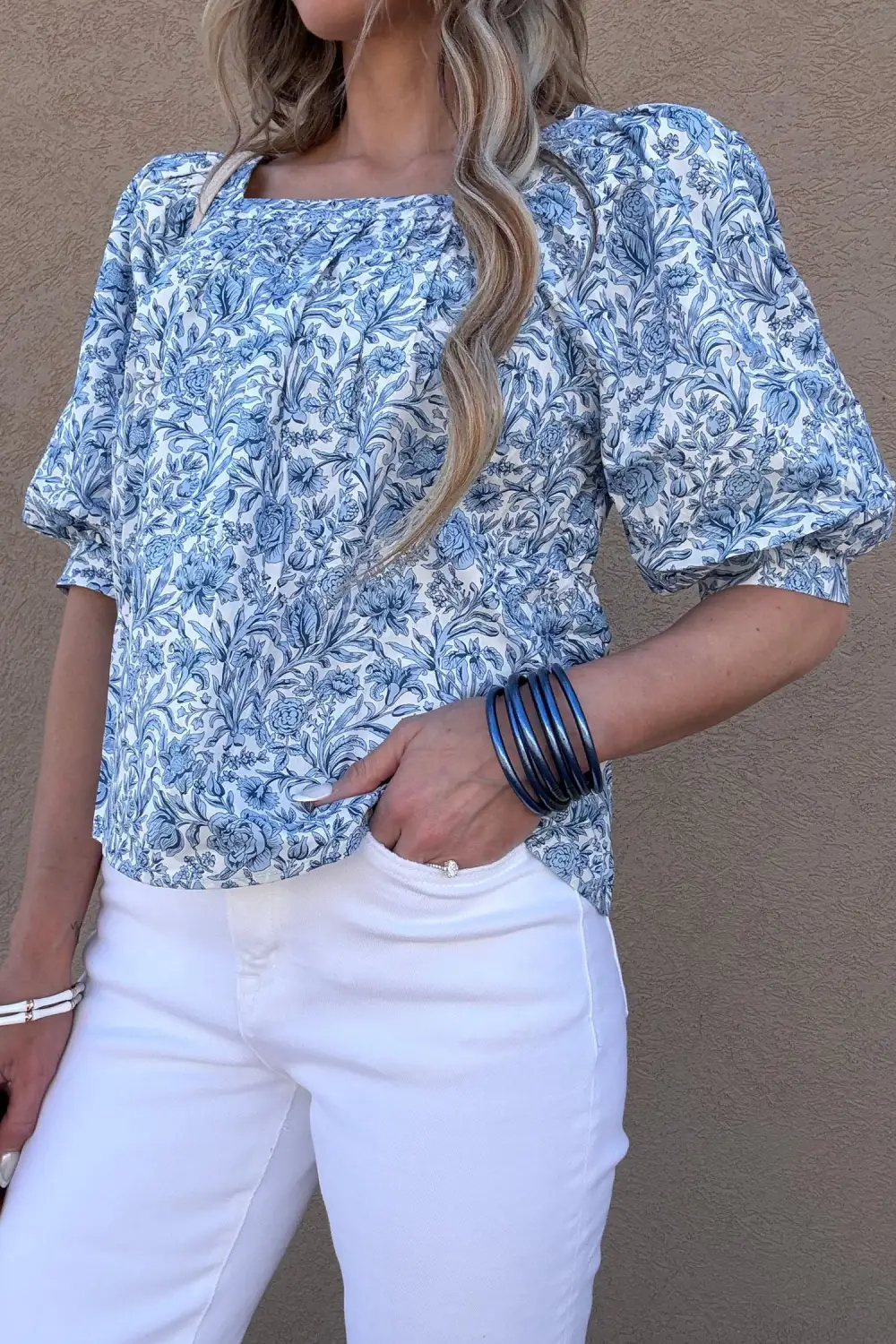 Floral Pleated Puff Sleeve Blouse