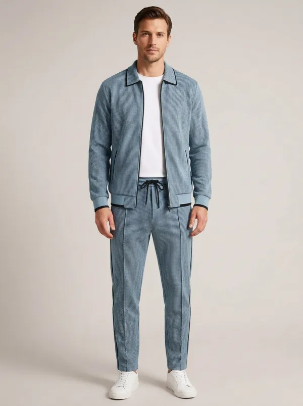 Men's Practical Houndstooth Polo Collar Jacket and Jogger Pants Set