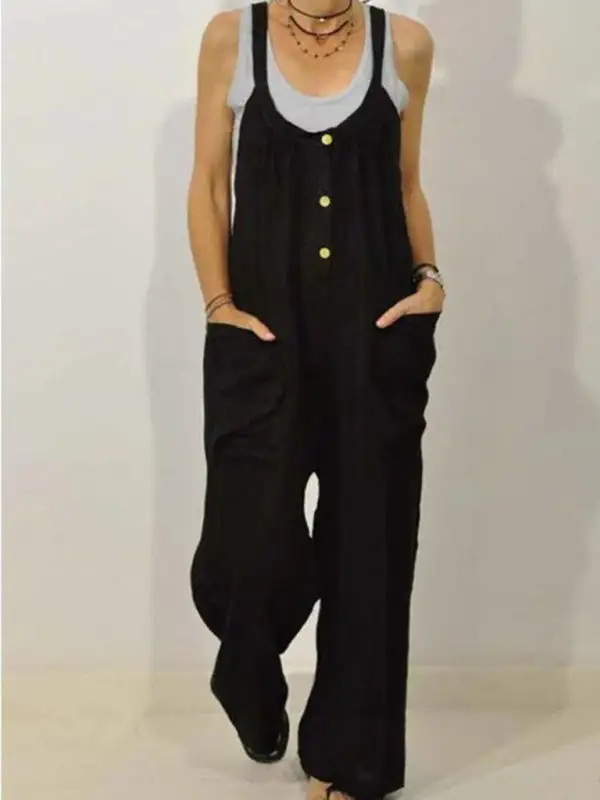 Cotton Linen Overall Pocket Elastic Band Jumpsuit