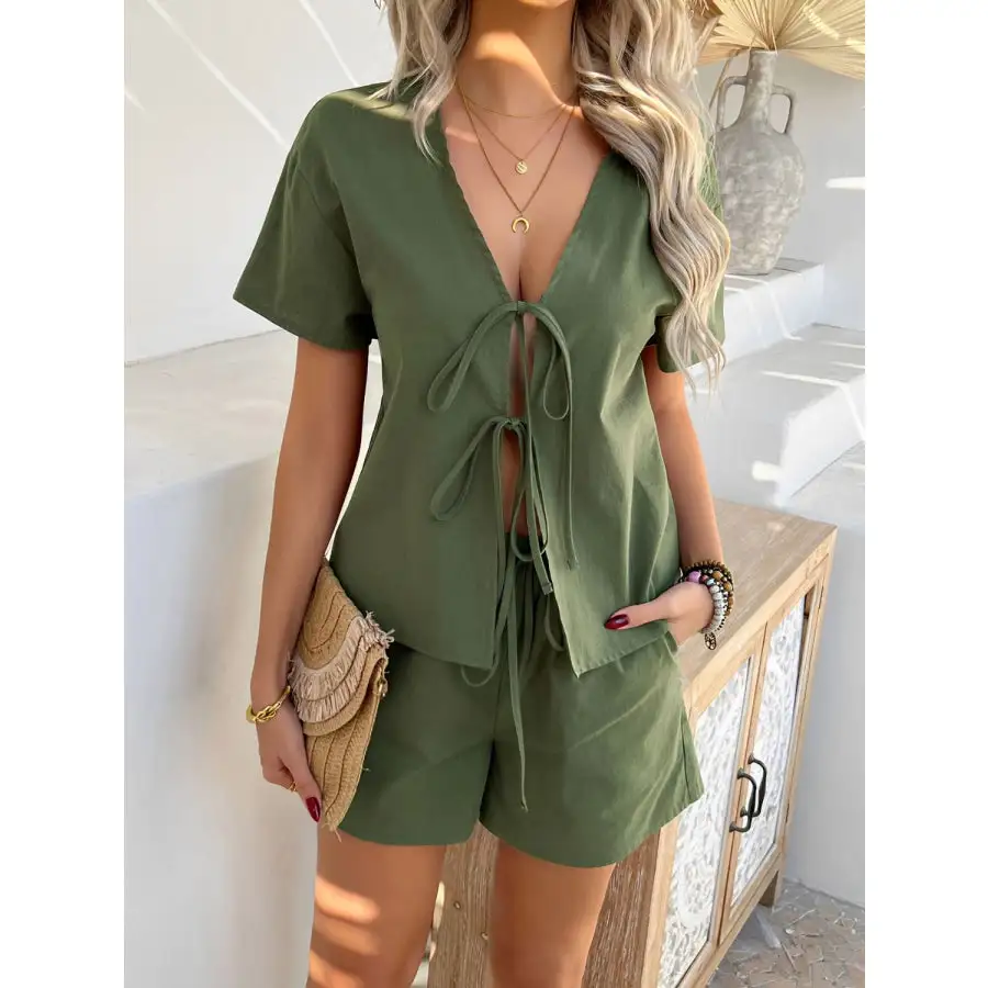 Tied V Neck Short Sleeve Top and Shorts Set