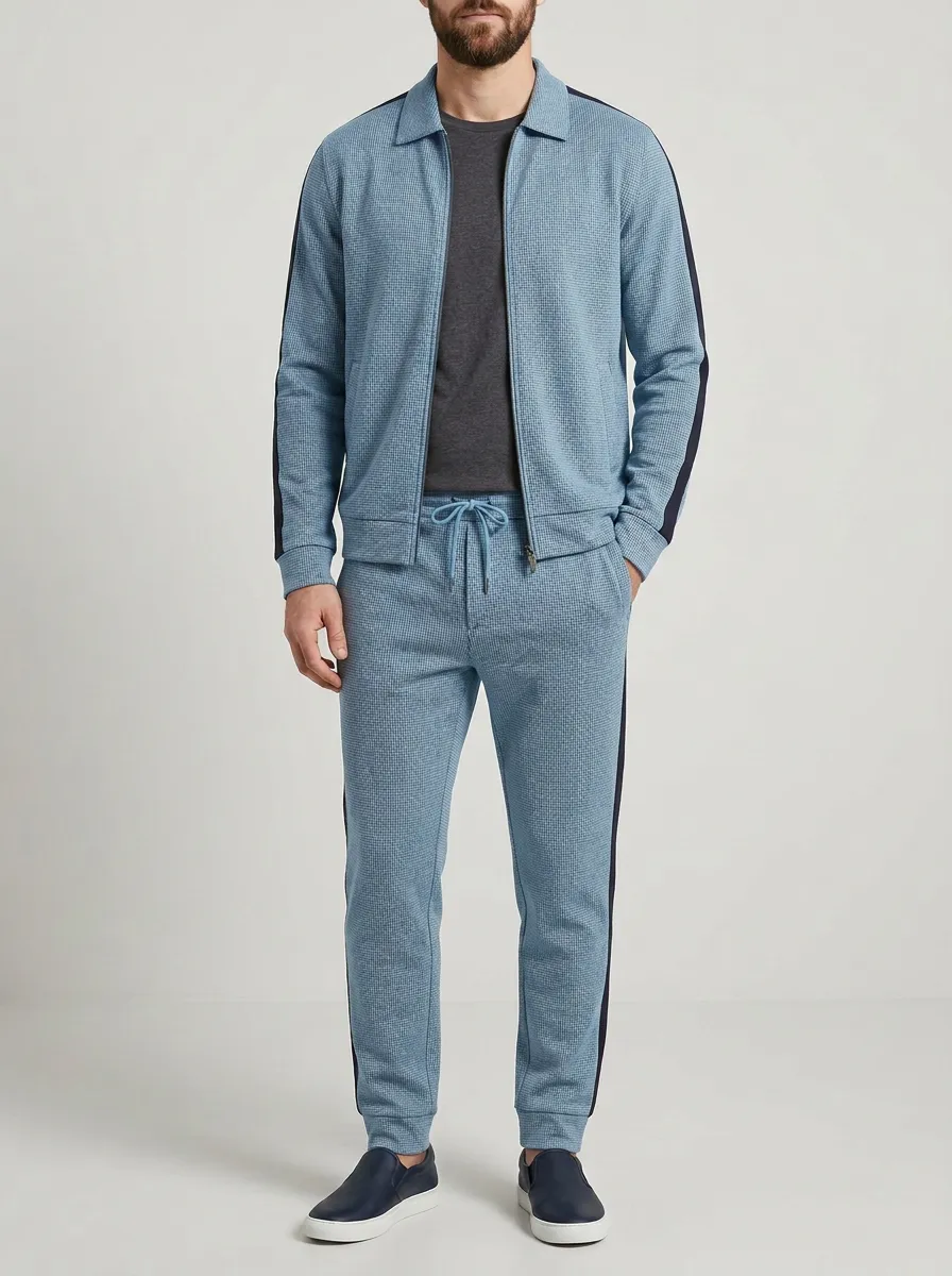 Men's Vintage Inspired Houndstooth Polo Collar Jacket and Jogger Pants Set