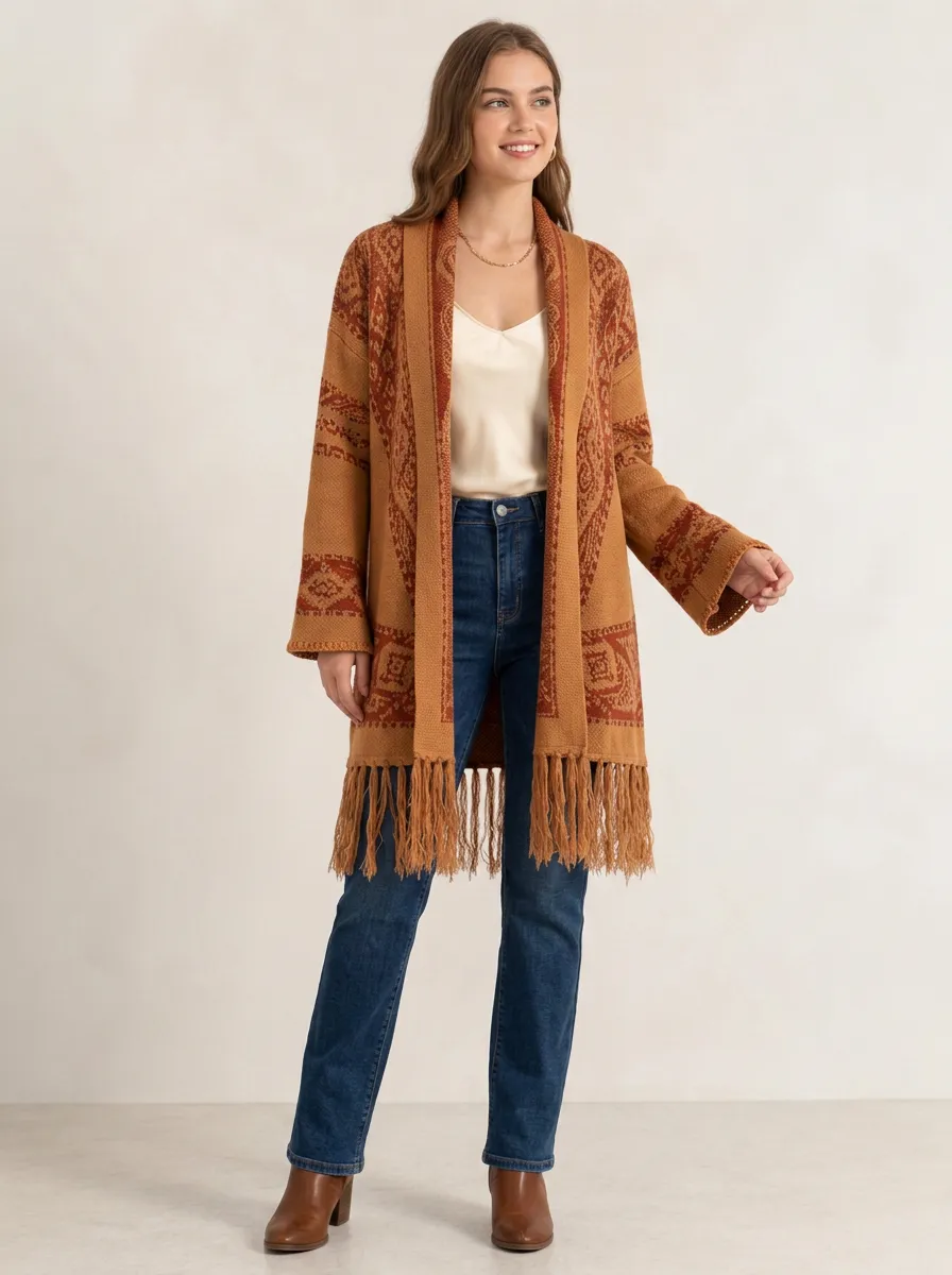 Women's Geometric Pattern Fringe Cardigan