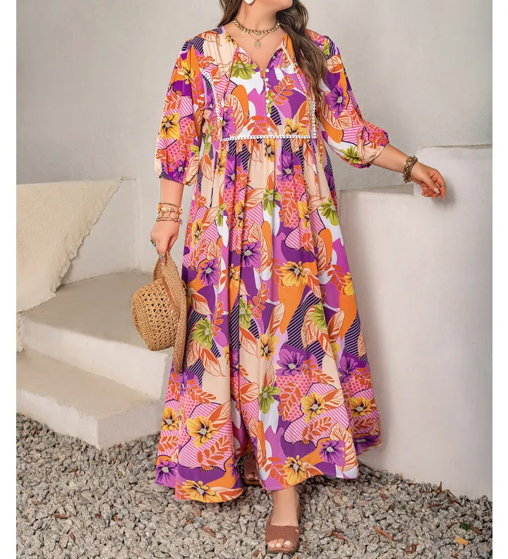 Plus Size Printed Tie Neck Maxi Dress