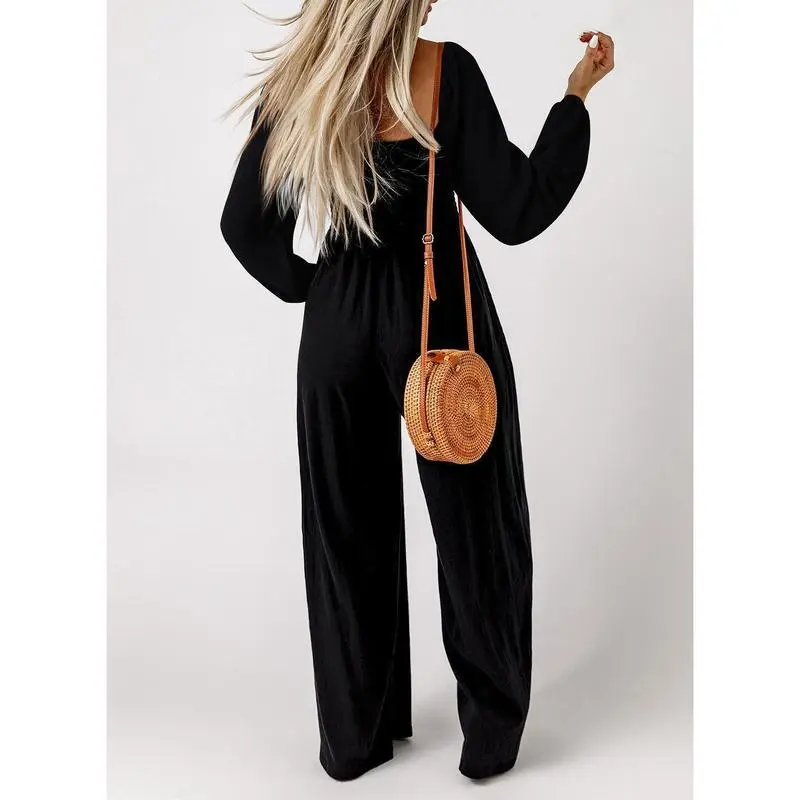 Women's Wide Leg Jumpsuit - Long Sleeve Loose Fit Overalls with Pockets