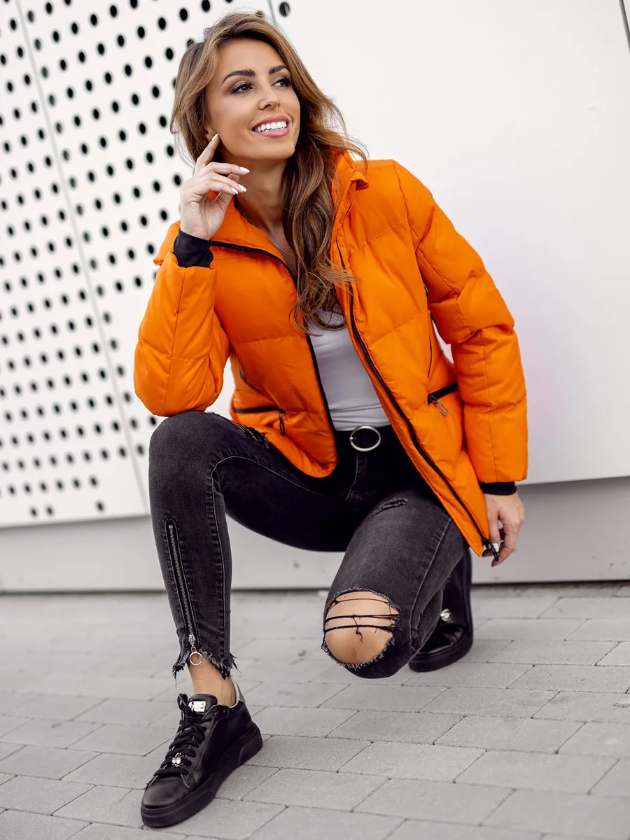 women's orange quilted winter jacket without hood