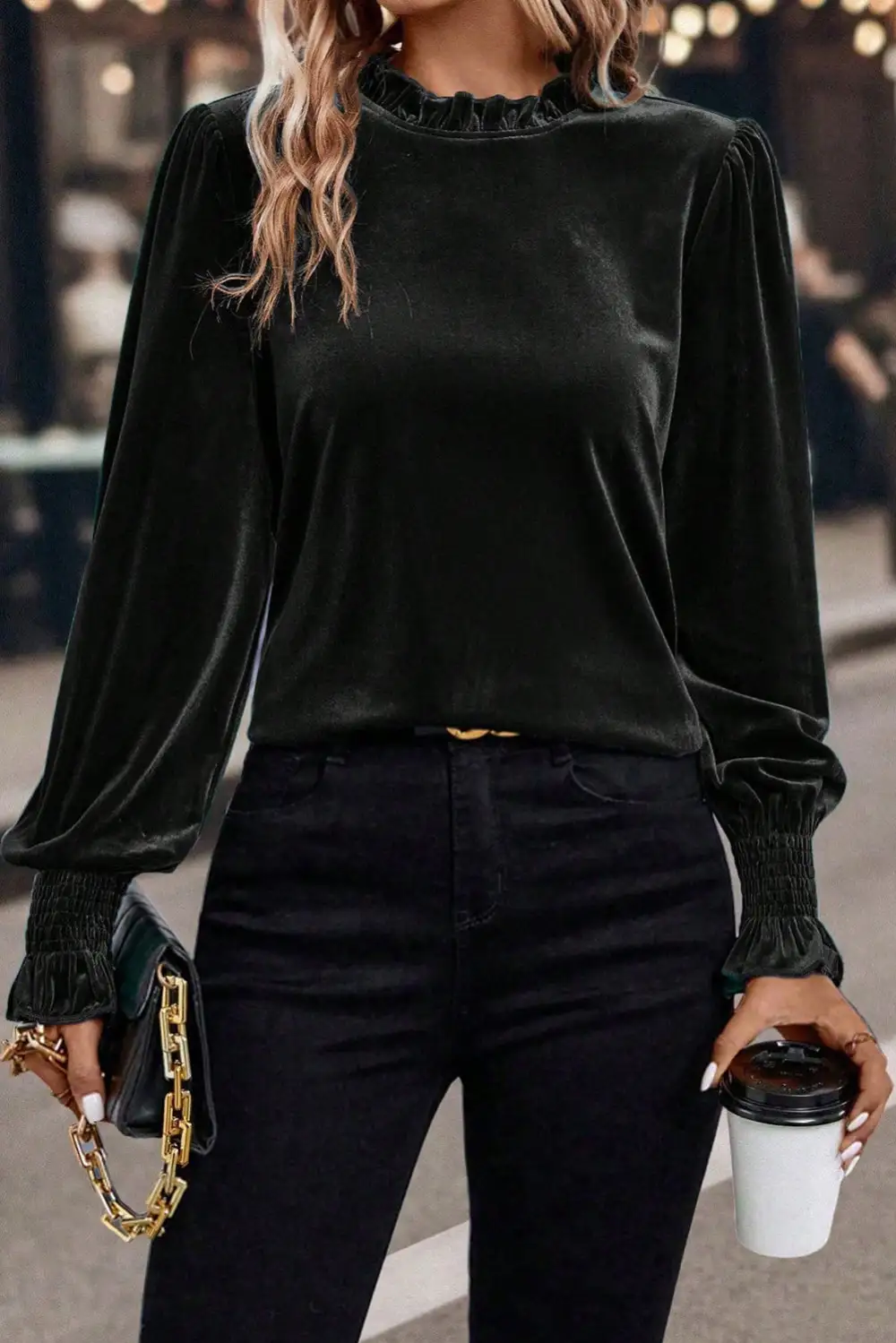 Velvet Frilled Puff Sleeve Blouse