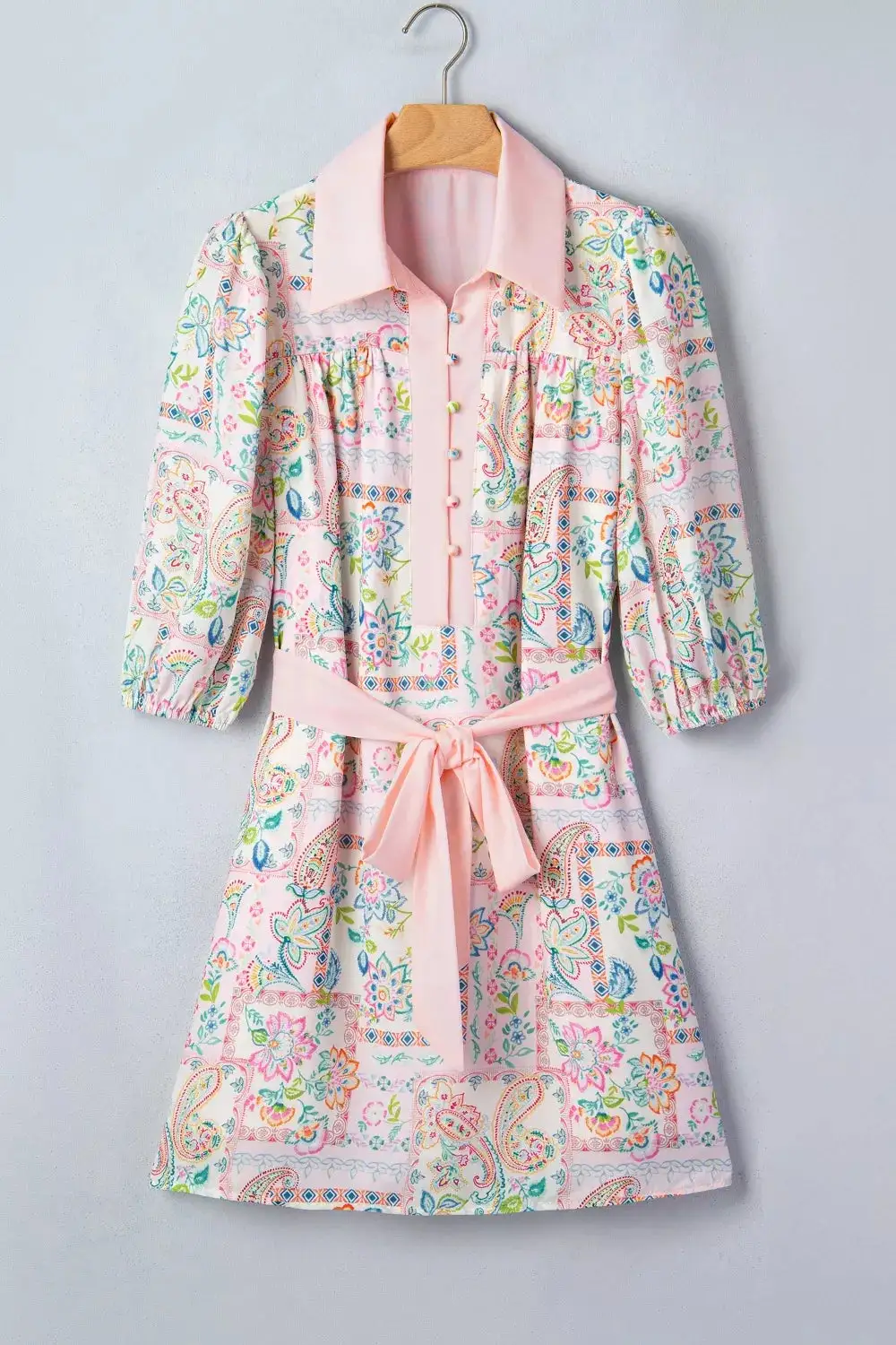 Print Color Block Trim Half Button Belted Mini Dress