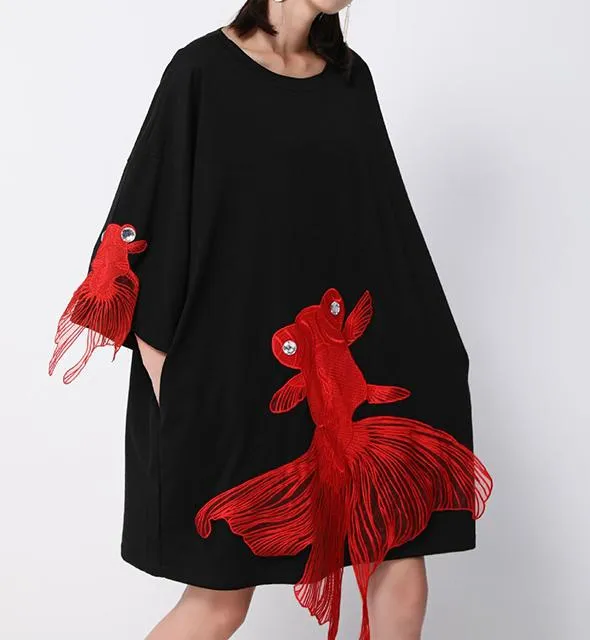 Goldfish Embroidered Relaxed Round Neck T Shirt Dress