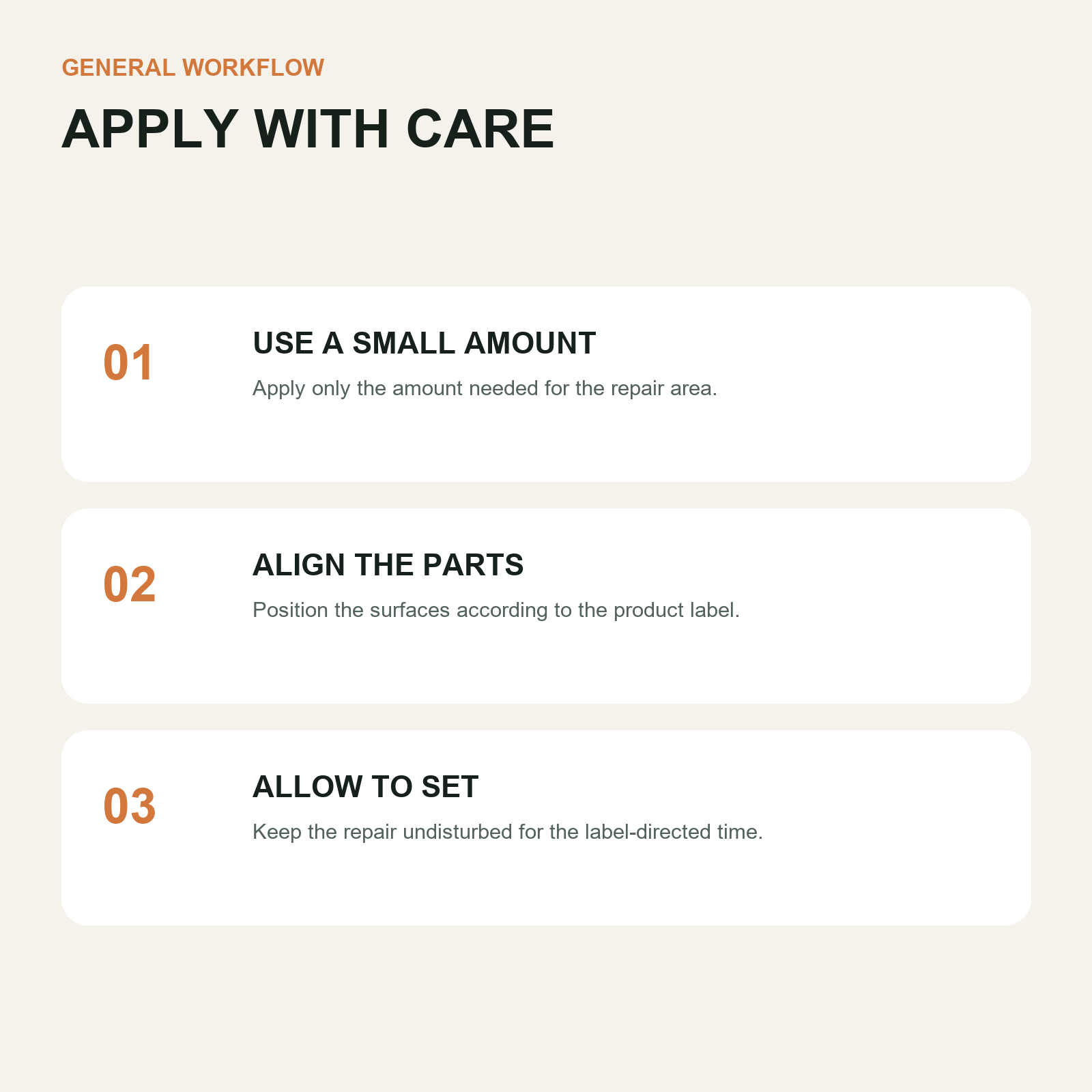 20 mL Flexible Repair Adhesive - 1, 2, 3, 5 or 10 Tubes - General Application Workflow