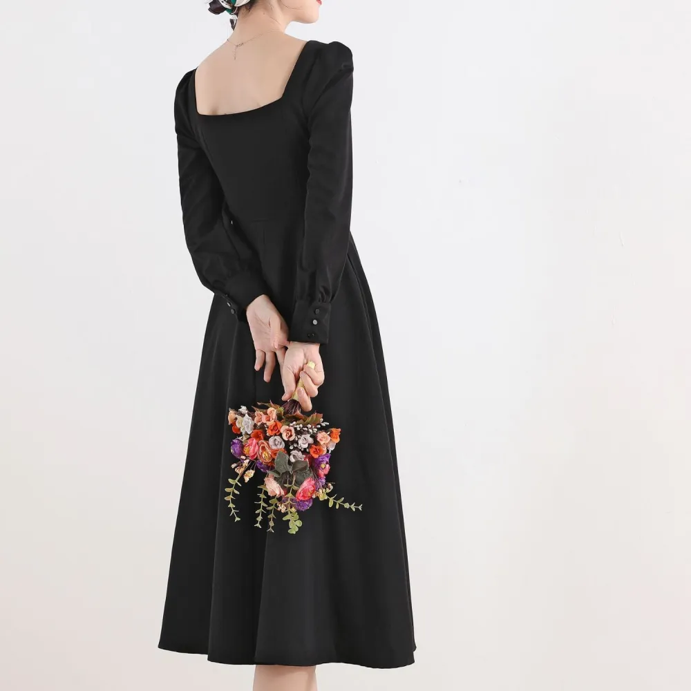 Linen Cotton Swing Long Sleeve Midi Dress