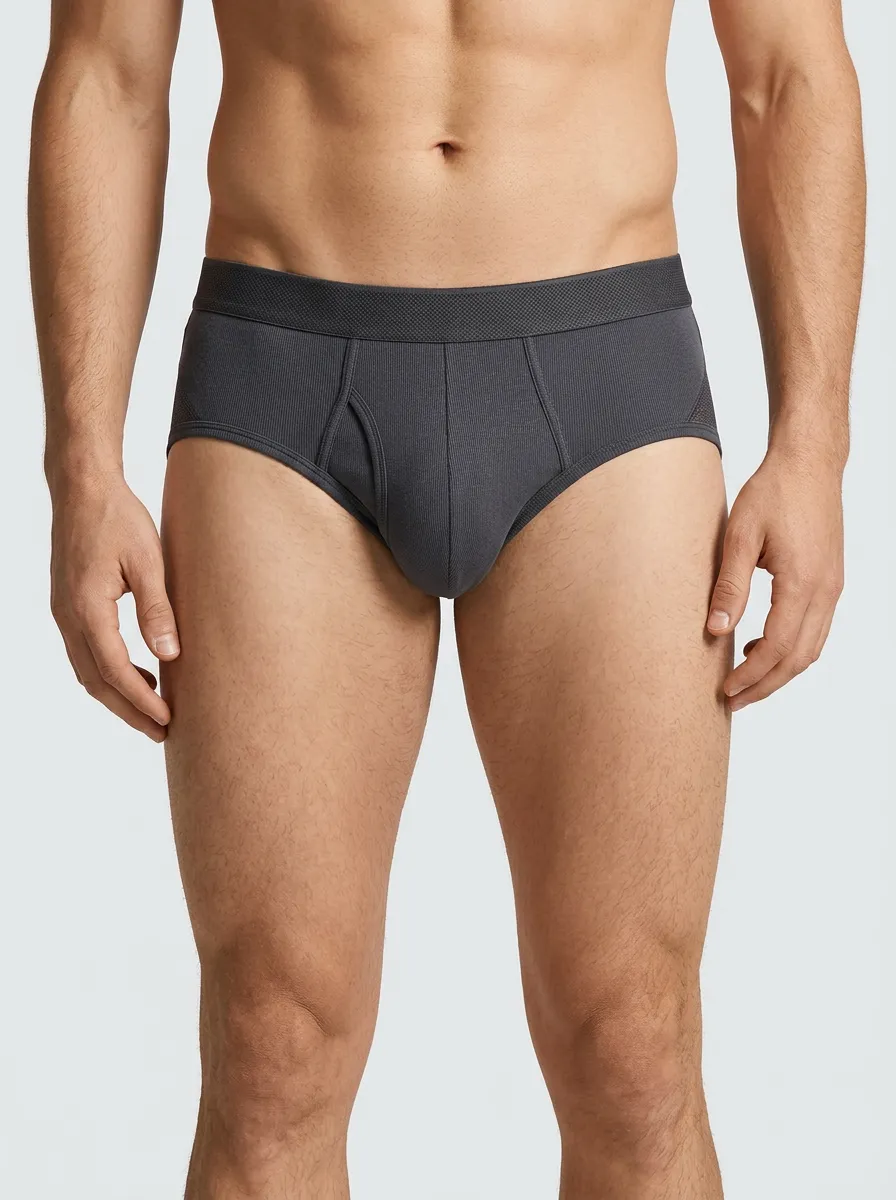 Men's Charcoal Grey Ribbed Cotton Printed Briefs
