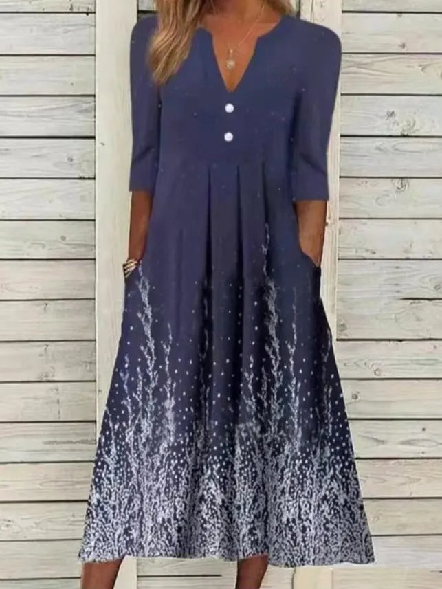 Women's Dresses Printed V-Neck Mid Sleeve Pocket Dress