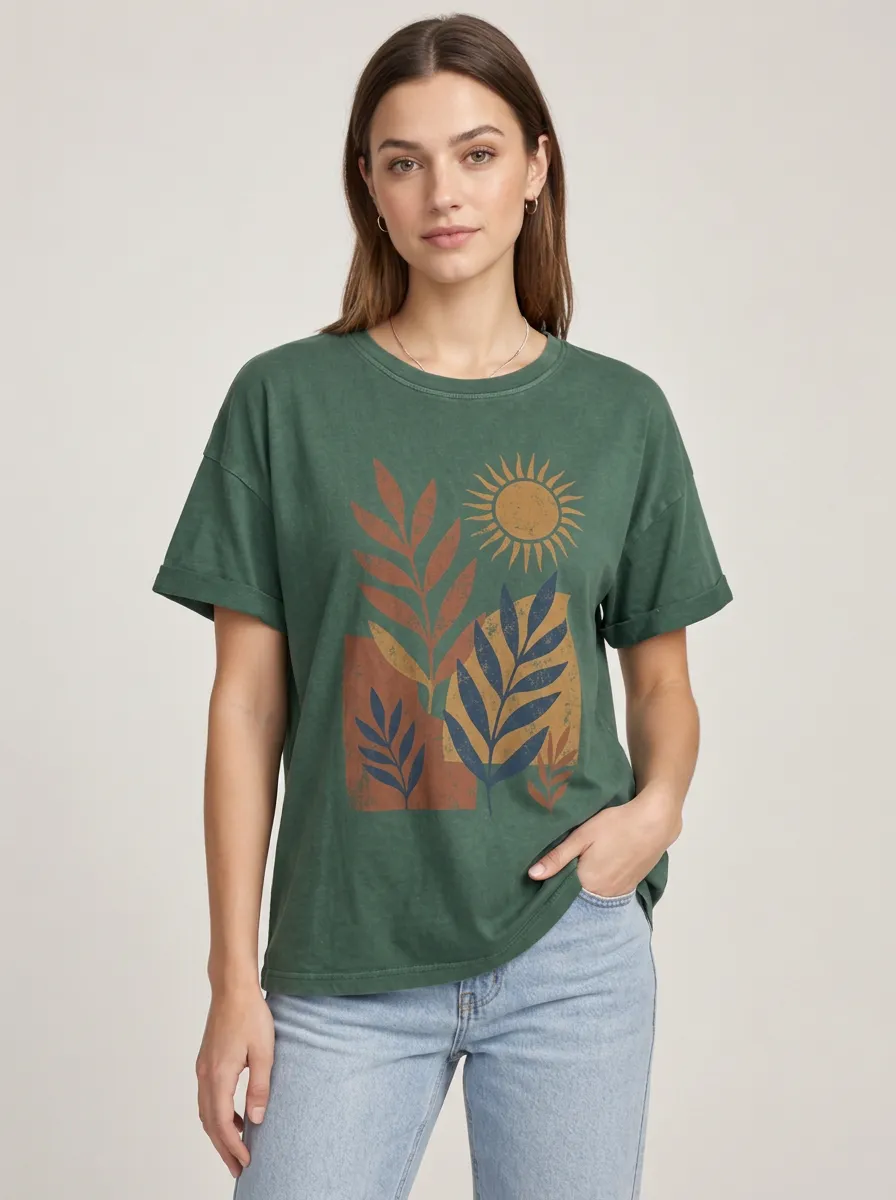 Women's Boho Sun Leaves Expressive Printed Tee