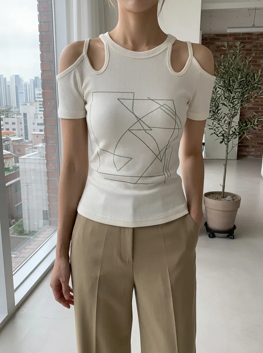 Women's Abstract Geometric Line Art Printed Cold Shoulder Top