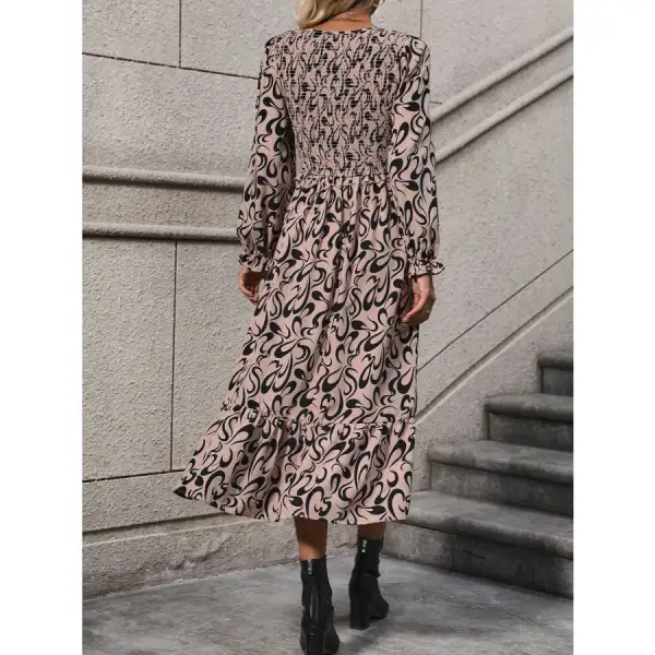 Modern Printed V-neck Long Sleeve Midi Dress