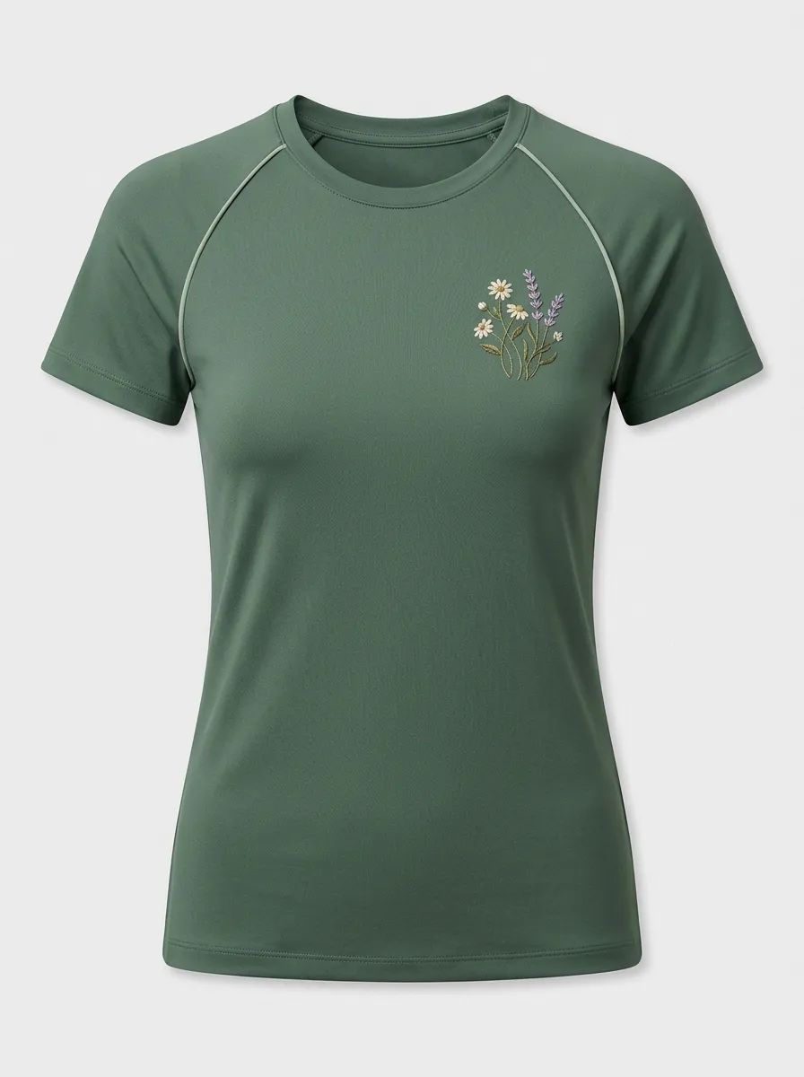 Women's Floral Embroidered Contrast-Piped Raglan T-Shirt